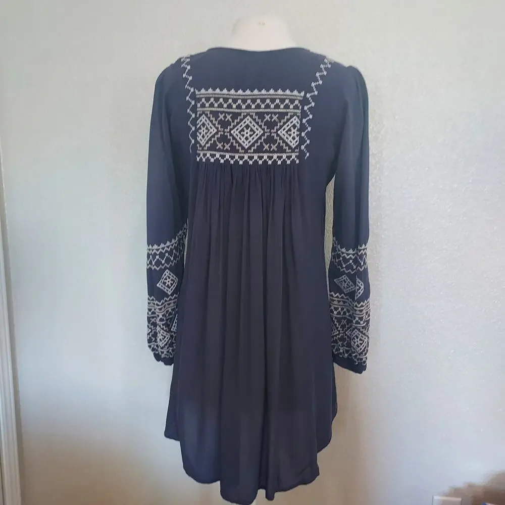 Monoreno Blue Embroidered Long Sleeve Tunic Dress Size M